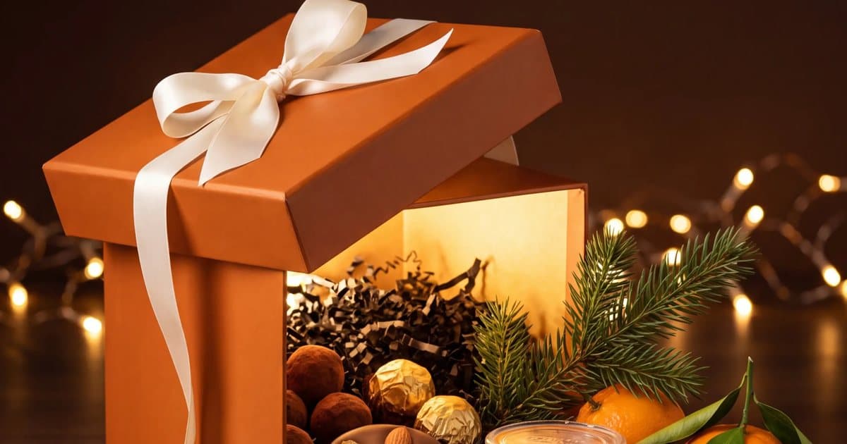 Open orange gift box with a cream ribbon, chocolates, foie gras, panettone and mandarins against Christmas lights
